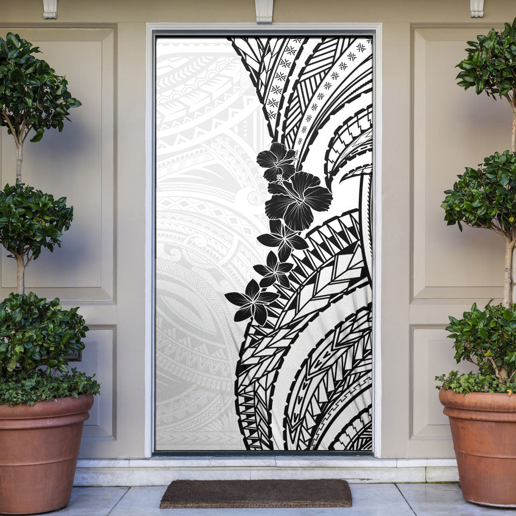Black White Polynesia Tropical Flowers Door Cover