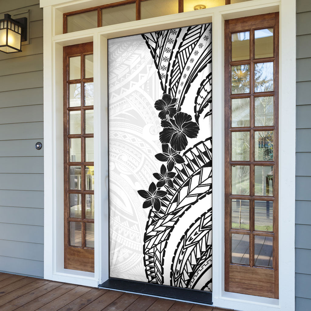 Black White Polynesia Tropical Flowers Door Cover