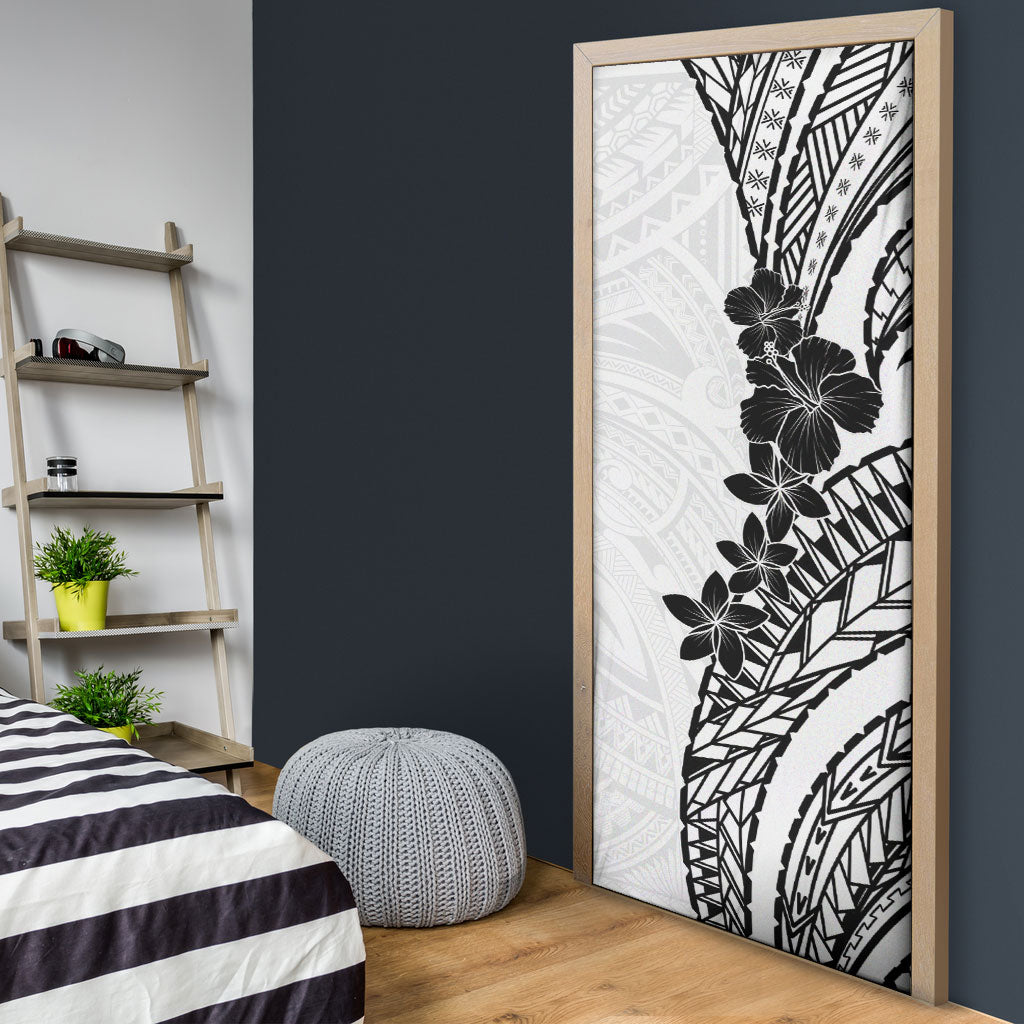 Black White Polynesia Tropical Flowers Door Cover