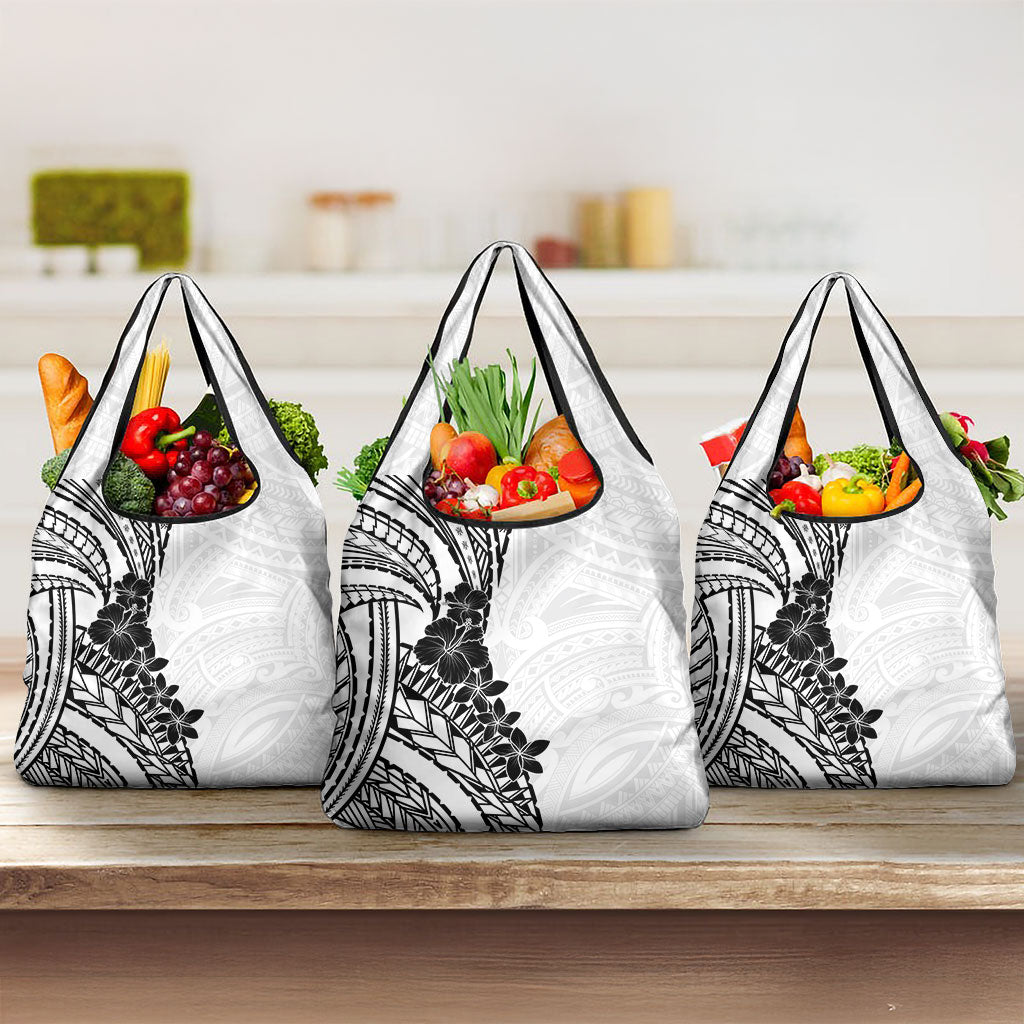 Black White Polynesia Tropical Flowers Grocery Bag