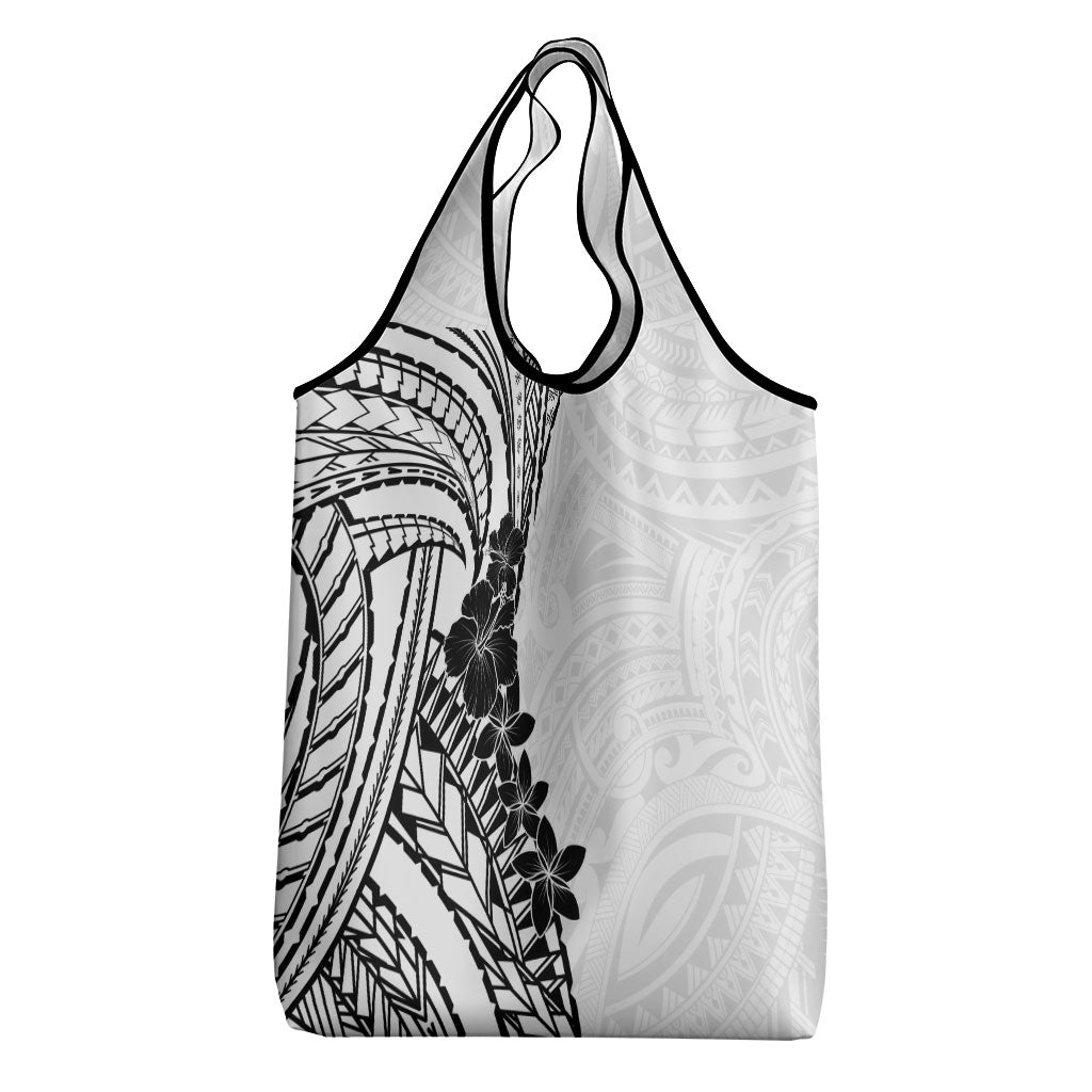 Black White Polynesia Tropical Flowers Grocery Bag