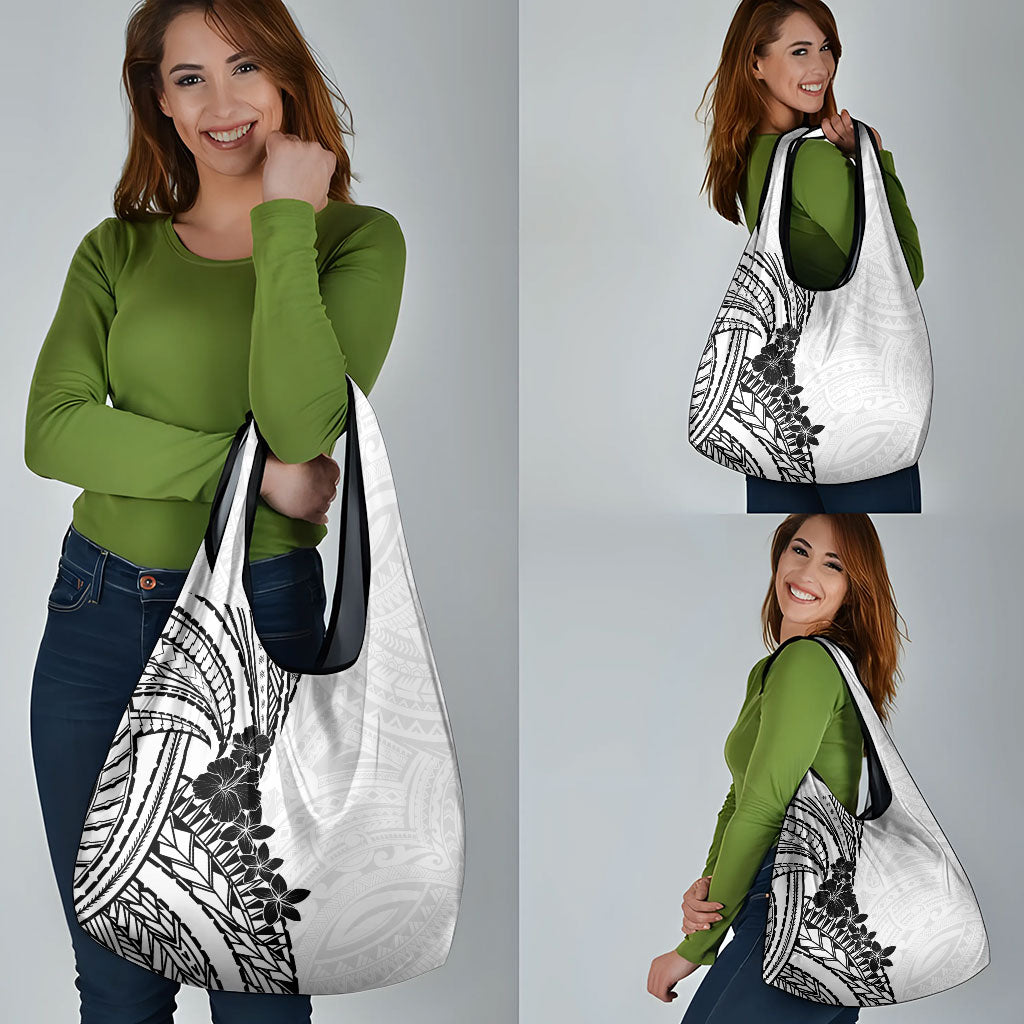 Black White Polynesia Tropical Flowers Grocery Bag