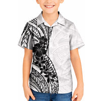 Black White Polynesia Tropical Flowers Kid Hawaiian Shirt