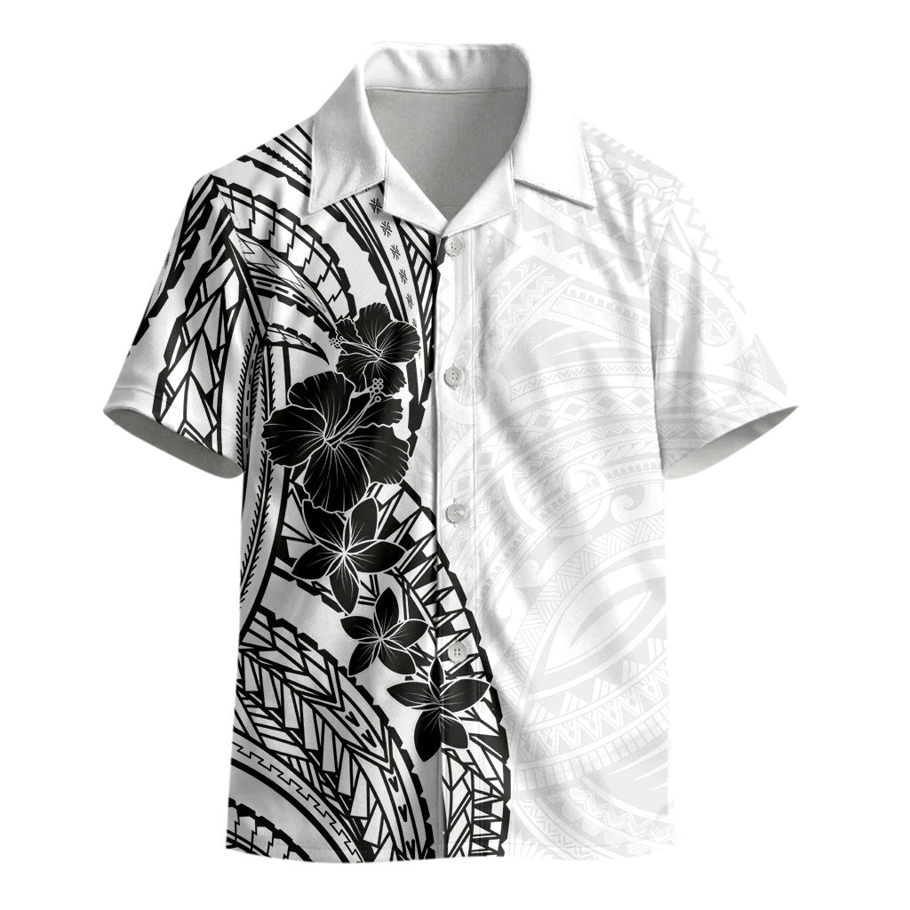 Black White Polynesia Tropical Flowers Kid Hawaiian Shirt