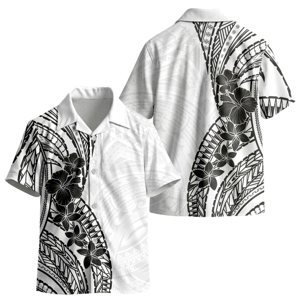 Black White Polynesia Tropical Flowers Kid Hawaiian Shirt