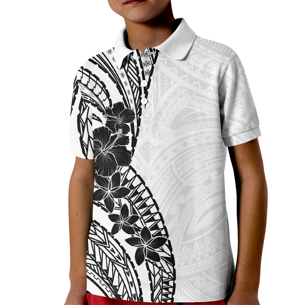 Black White Polynesia Tropical Flowers Kid Polo Shirt LT14 Kid White - Polynesian Pride