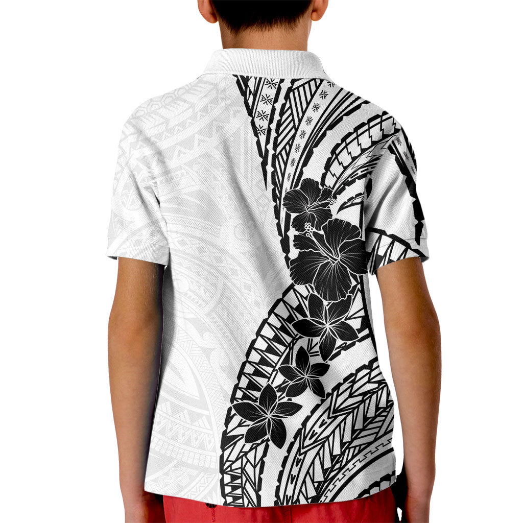 Black White Polynesia Tropical Flowers Kid Polo Shirt LT14 - Polynesian Pride