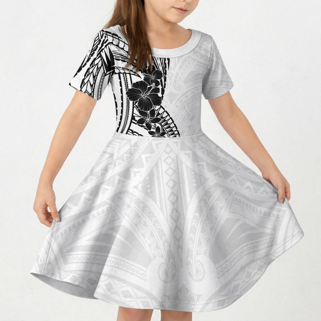 Black White Polynesia Tropical Flowers Kid Short Sleeve Dress LT14 KID White - Polynesian Pride