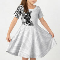 Black White Polynesia Tropical Flowers Kid Short Sleeve Dress LT14 KID White - Polynesian Pride