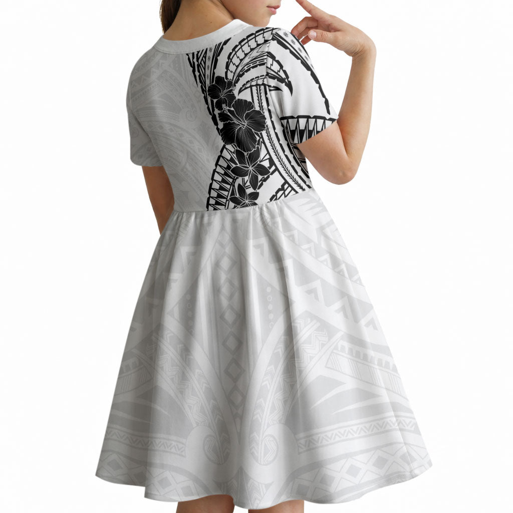Black White Polynesia Tropical Flowers Kid Short Sleeve Dress LT14 - Polynesian Pride