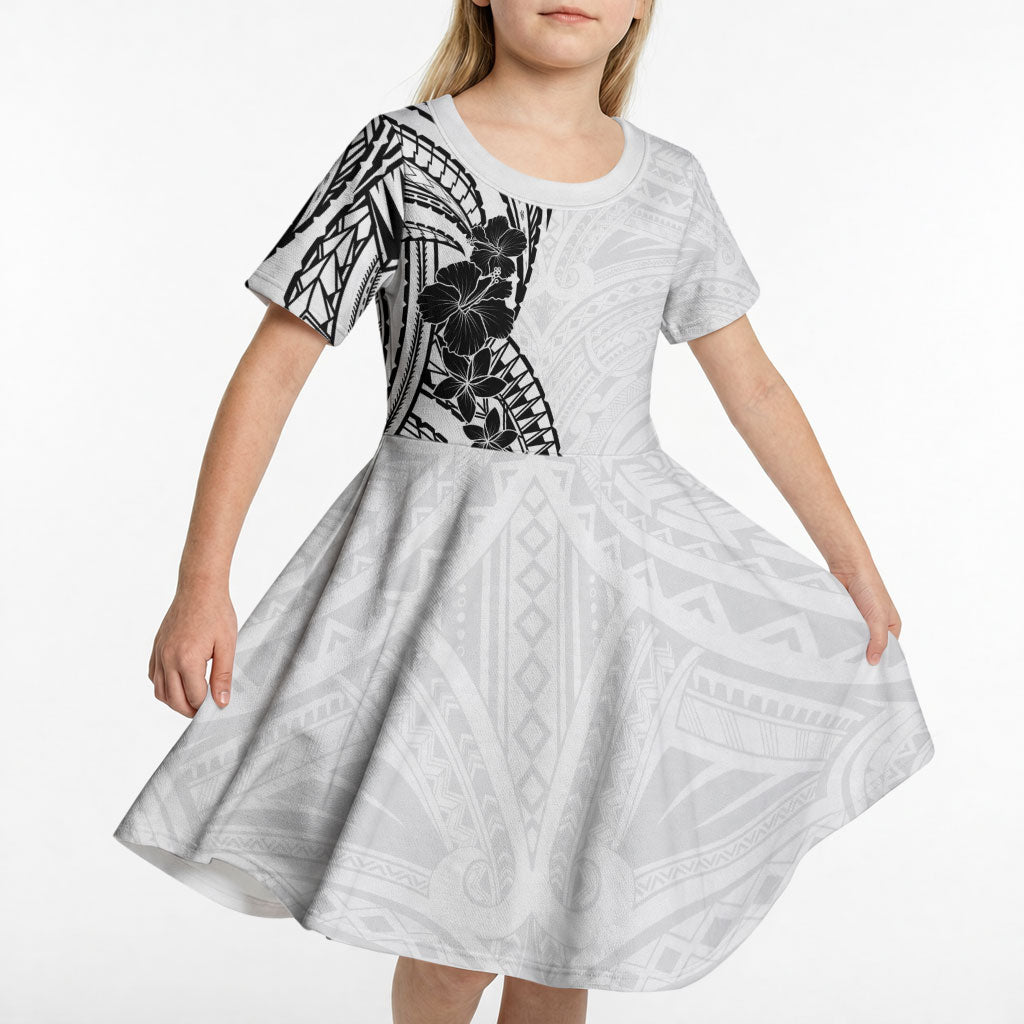 Black White Polynesia Tropical Flowers Kid Short Sleeve Dress LT14 - Polynesian Pride
