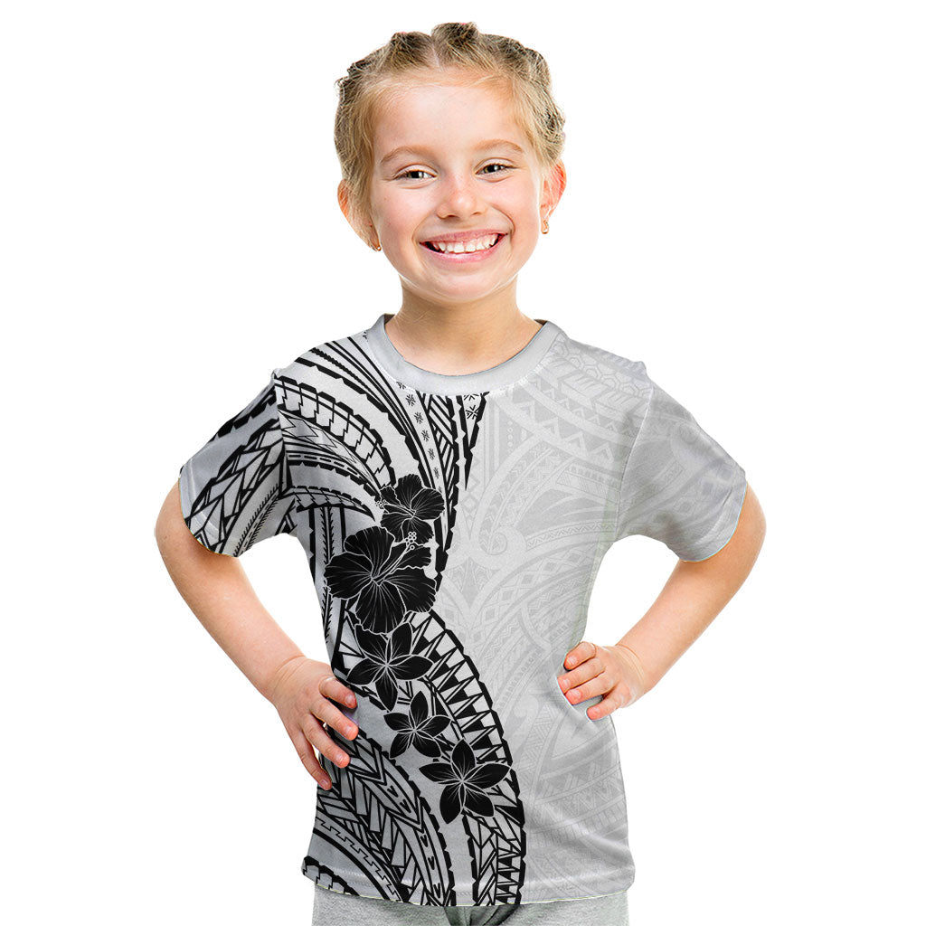 Black White Polynesia Tropical Flowers Kid T Shirt