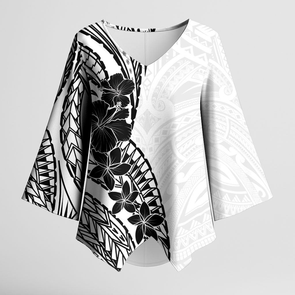 Black White Polynesia Tropical Flowers Kimono Sleeve Blouse
