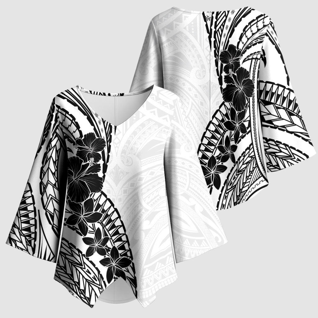 Black White Polynesia Tropical Flowers Kimono Sleeve Blouse