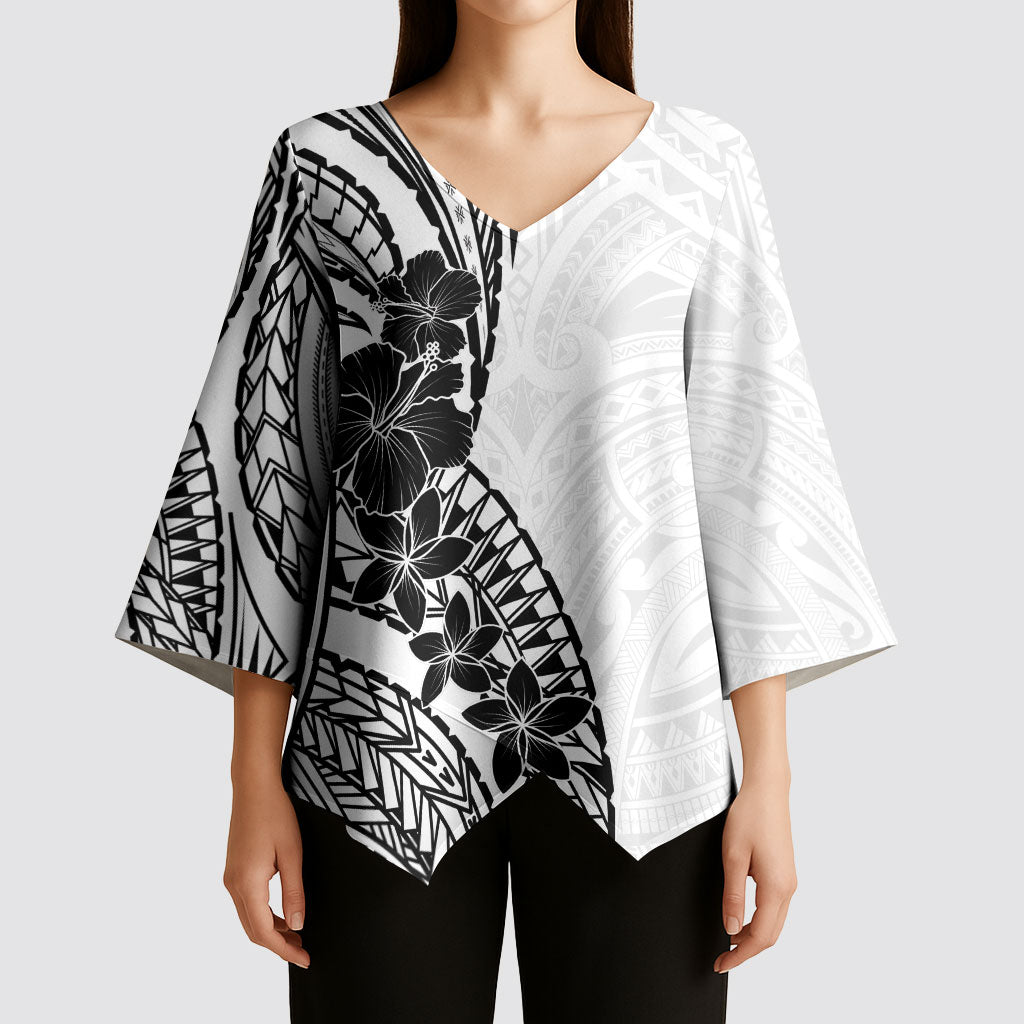 Black White Polynesia Tropical Flowers Kimono Sleeve Blouse