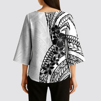 Black White Polynesia Tropical Flowers Kimono Sleeve Blouse