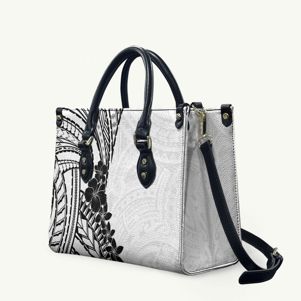Black White Polynesia Tropical Flowers Leather Bag