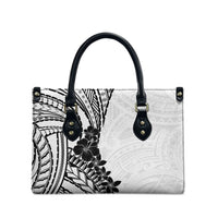 Black White Polynesia Tropical Flowers Leather Bag