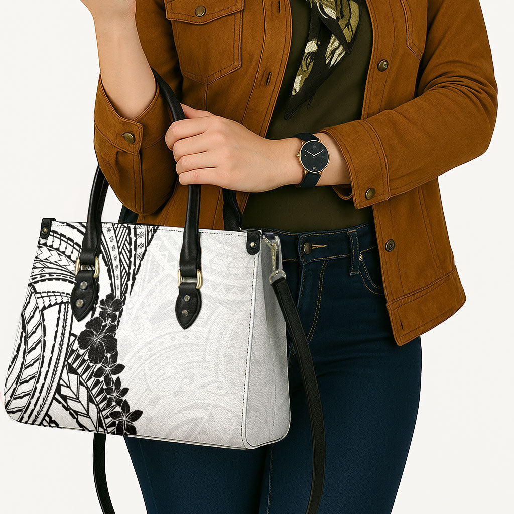 Black White Polynesia Tropical Flowers Leather Bag