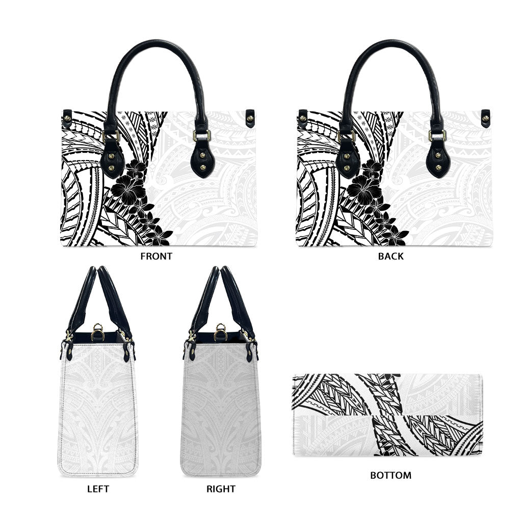 Black White Polynesia Tropical Flowers Leather Bag