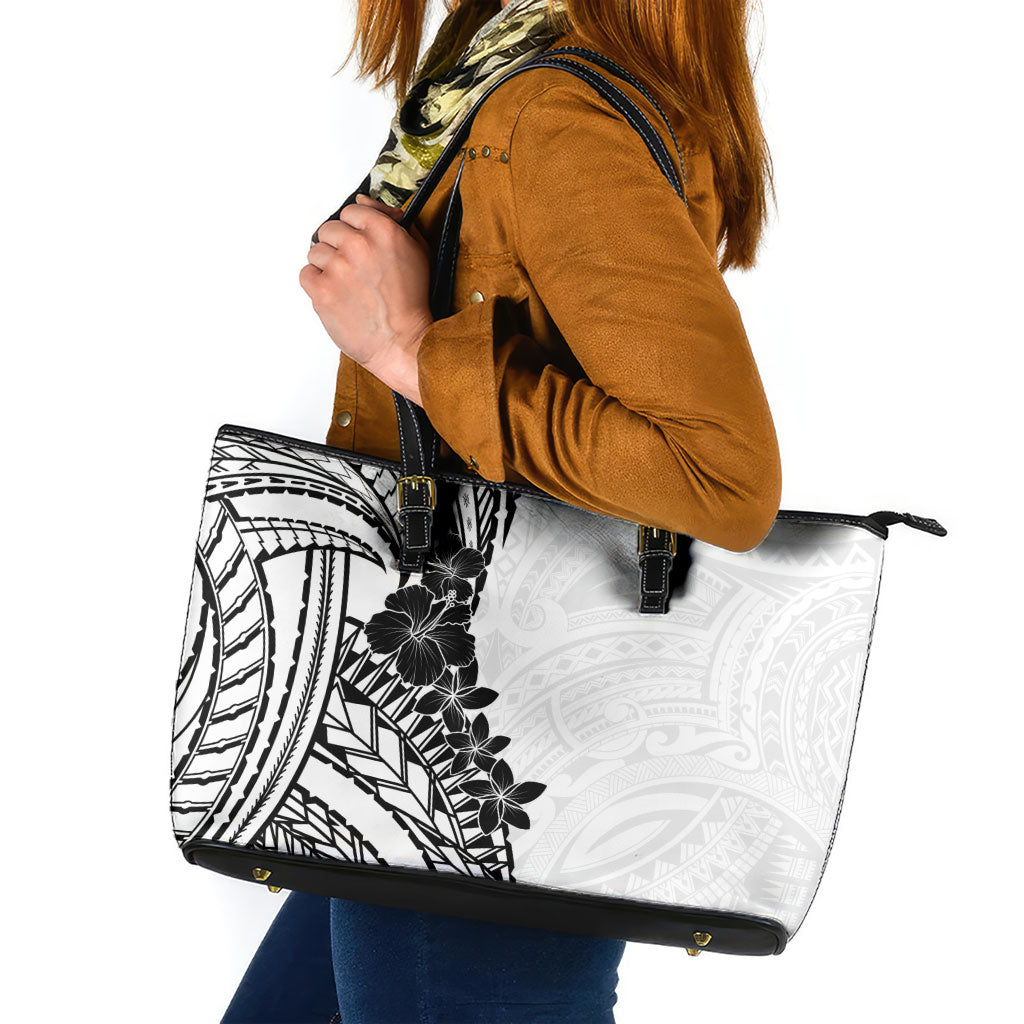 Black White Polynesia Tropical Flowers Leather Tote Bag