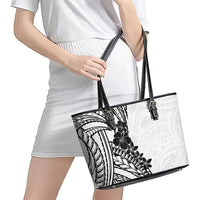 Black White Polynesia Tropical Flowers Leather Tote Bag