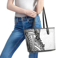 Black White Polynesia Tropical Flowers Leather Tote Bag