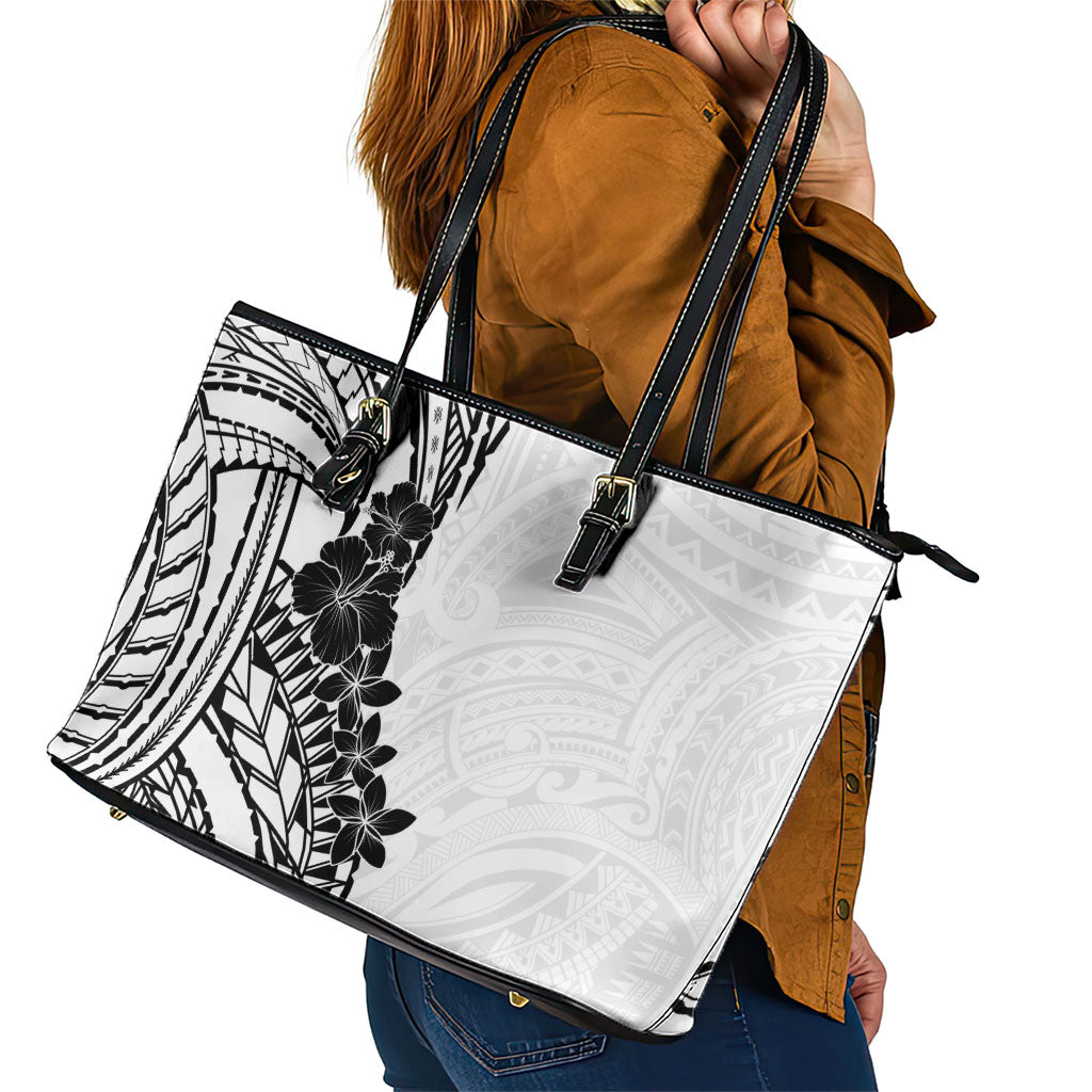 Black White Polynesia Tropical Flowers Leather Tote Bag
