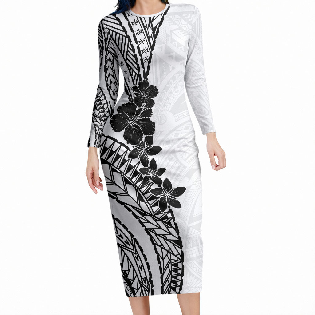 Black White Polynesia Tropical Flowers Long Sleeve Bodycon Dress