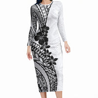 Black White Polynesia Tropical Flowers Long Sleeve Bodycon Dress