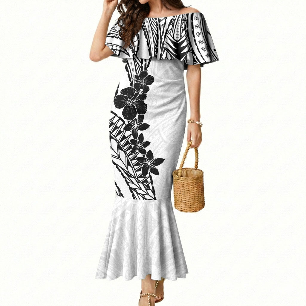 Black White Polynesia Tropical Flowers Mermaid Dress