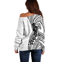Black White Polynesia Tropical Flowers Off Shoulder Sweater