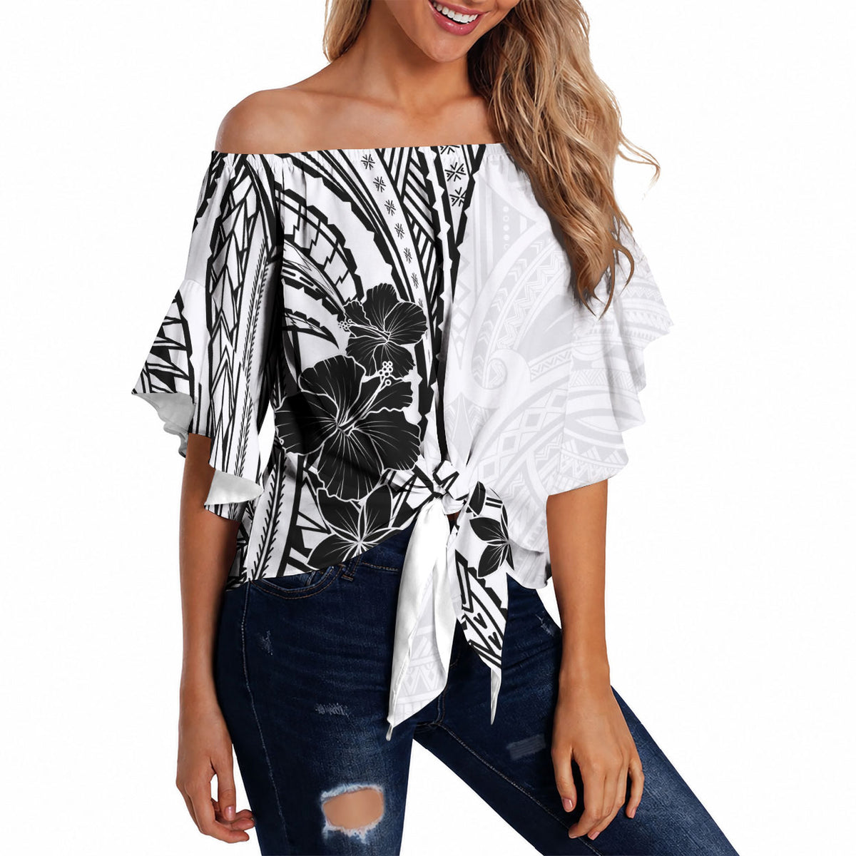 Black White Polynesia Tropical Flowers Off Shoulder Wrap Waist Top LT14 White - Polynesian Pride