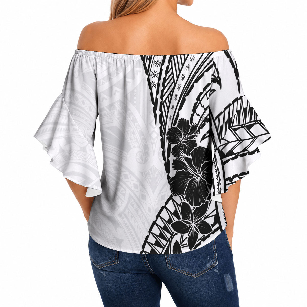 Black White Polynesia Tropical Flowers Off Shoulder Wrap Waist Top LT14 - Polynesian Pride