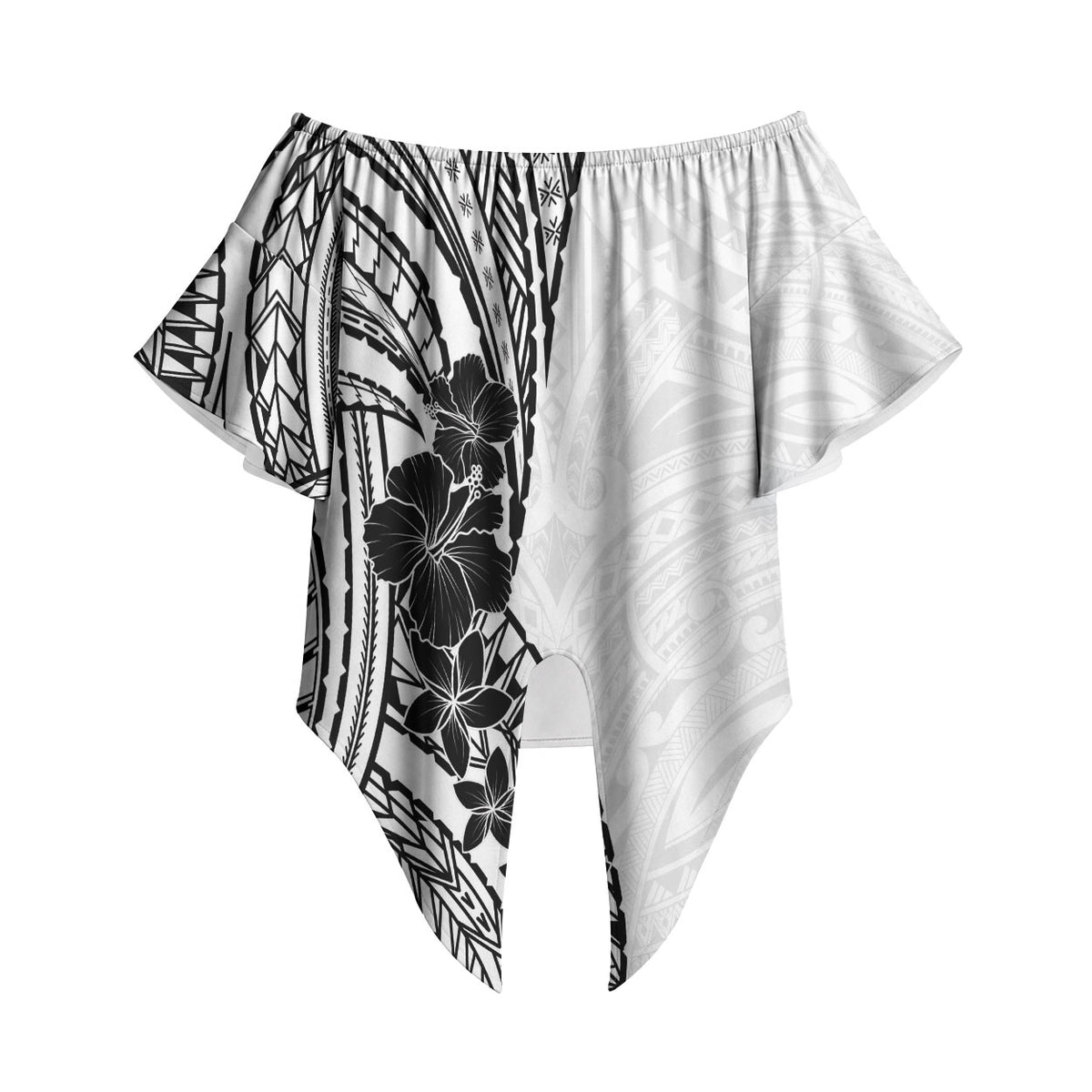Black White Polynesia Tropical Flowers Off Shoulder Wrap Waist Top LT14 - Polynesian Pride