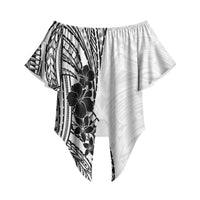 Black White Polynesia Tropical Flowers Off Shoulder Wrap Waist Top LT14 - Polynesian Pride
