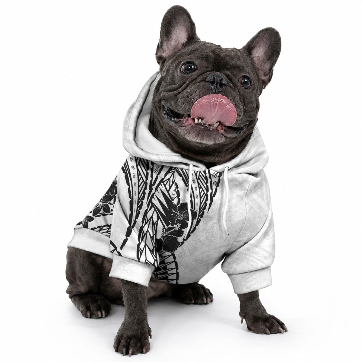 Black White Polynesia Tropical Flowers Pet Hoodie