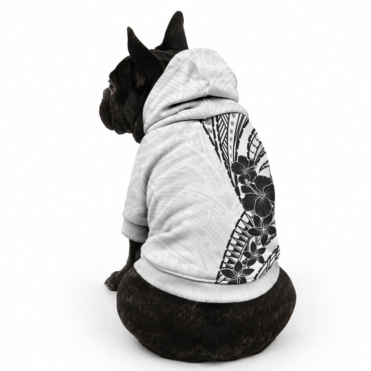 Black White Polynesia Tropical Flowers Pet Hoodie