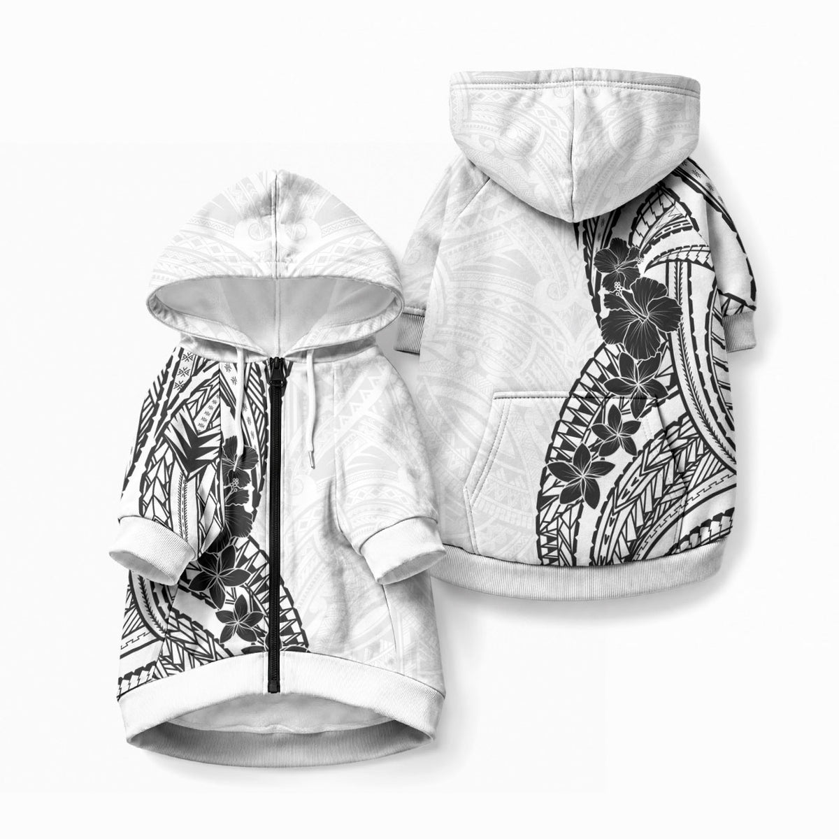 Black White Polynesia Tropical Flowers Pet Hoodie