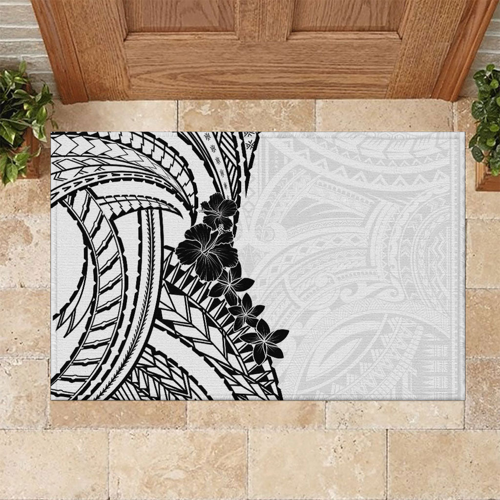 Black White Polynesia Tropical Flowers Rubber Doormat