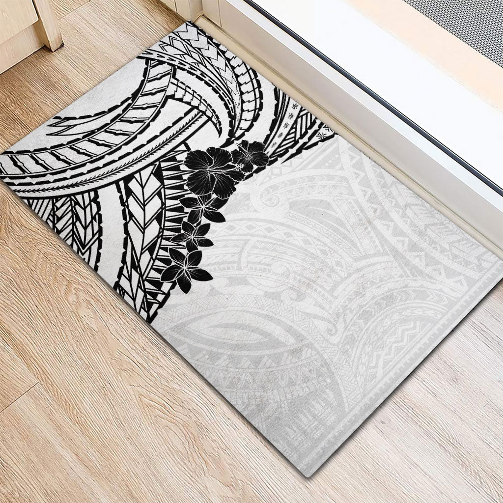 Black White Polynesia Tropical Flowers Rubber Doormat