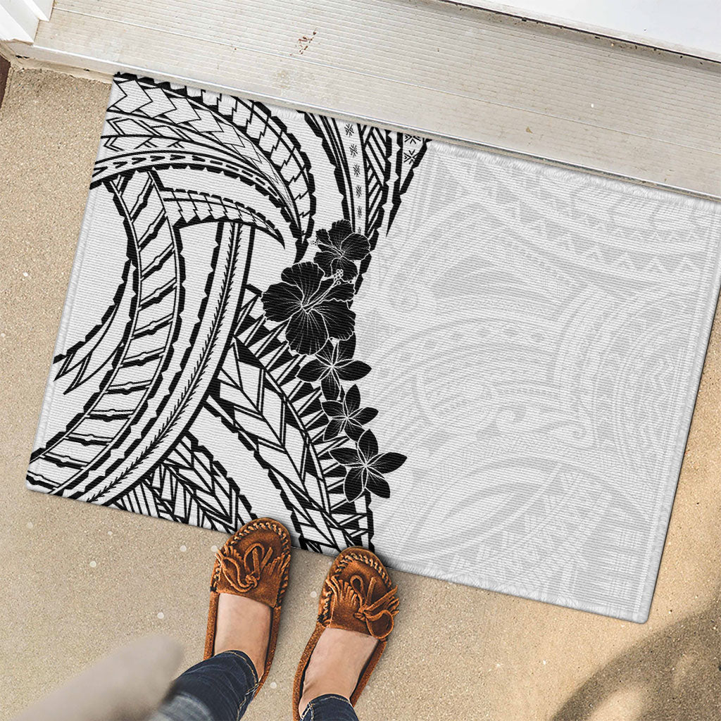 Black White Polynesia Tropical Flowers Rubber Doormat