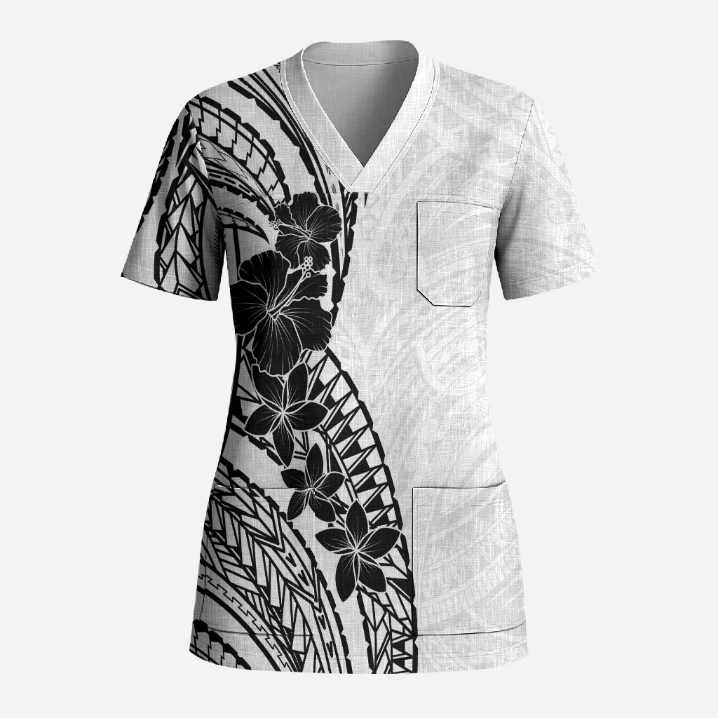 Black White Polynesia Tropical Flowers Scrub Top LT14 Adult White - Polynesian Pride