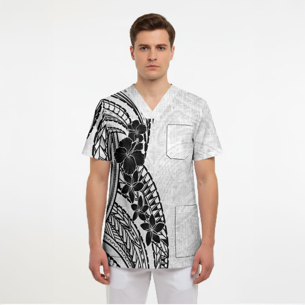 Black White Polynesia Tropical Flowers Scrub Top LT14 - Polynesian Pride