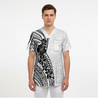 Black White Polynesia Tropical Flowers Scrub Top LT14 - Polynesian Pride