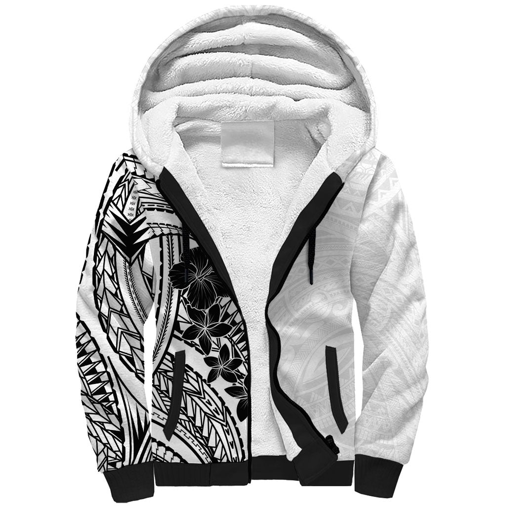 Black White Polynesia Tropical Flowers Sherpa Hoodie LT14 Unisex White - Polynesian Pride