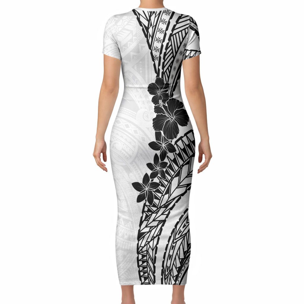 Black White Polynesia Tropical Flowers Short Sleeve Bodycon Dress LT14 - Polynesian Pride