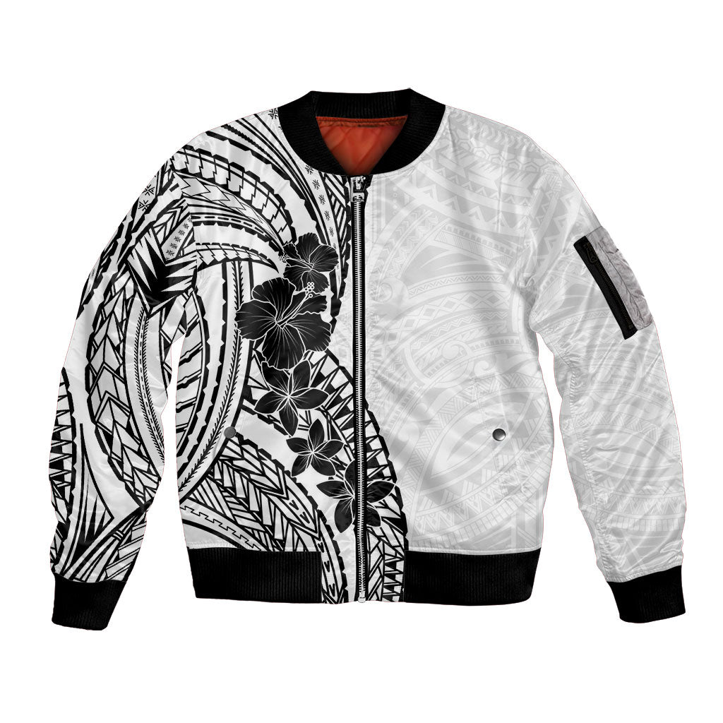 Black White Polynesia Tropical Flowers Sleeve Zip Bomber Jacket LT14 Unisex White - Polynesian Pride