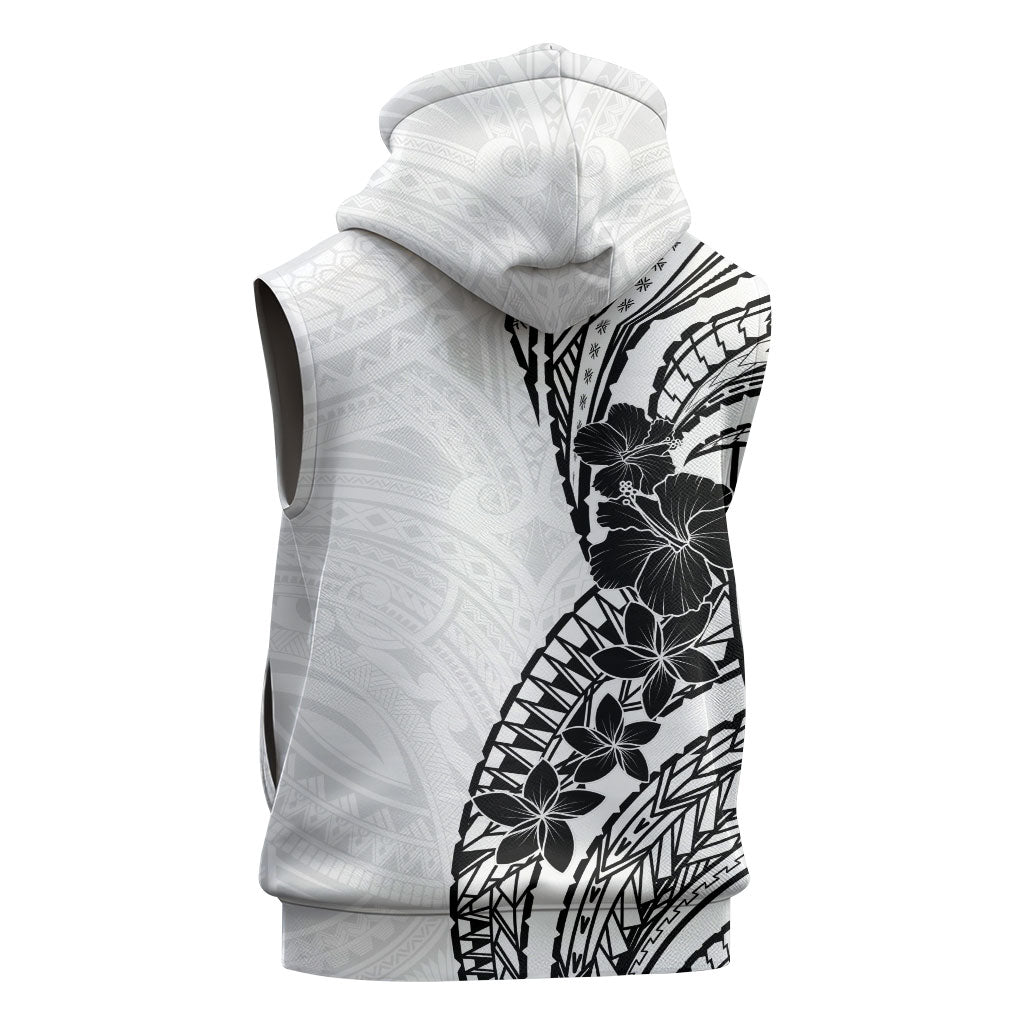 Black White Polynesia Tropical Flowers Sleeveless Zip Hoodie