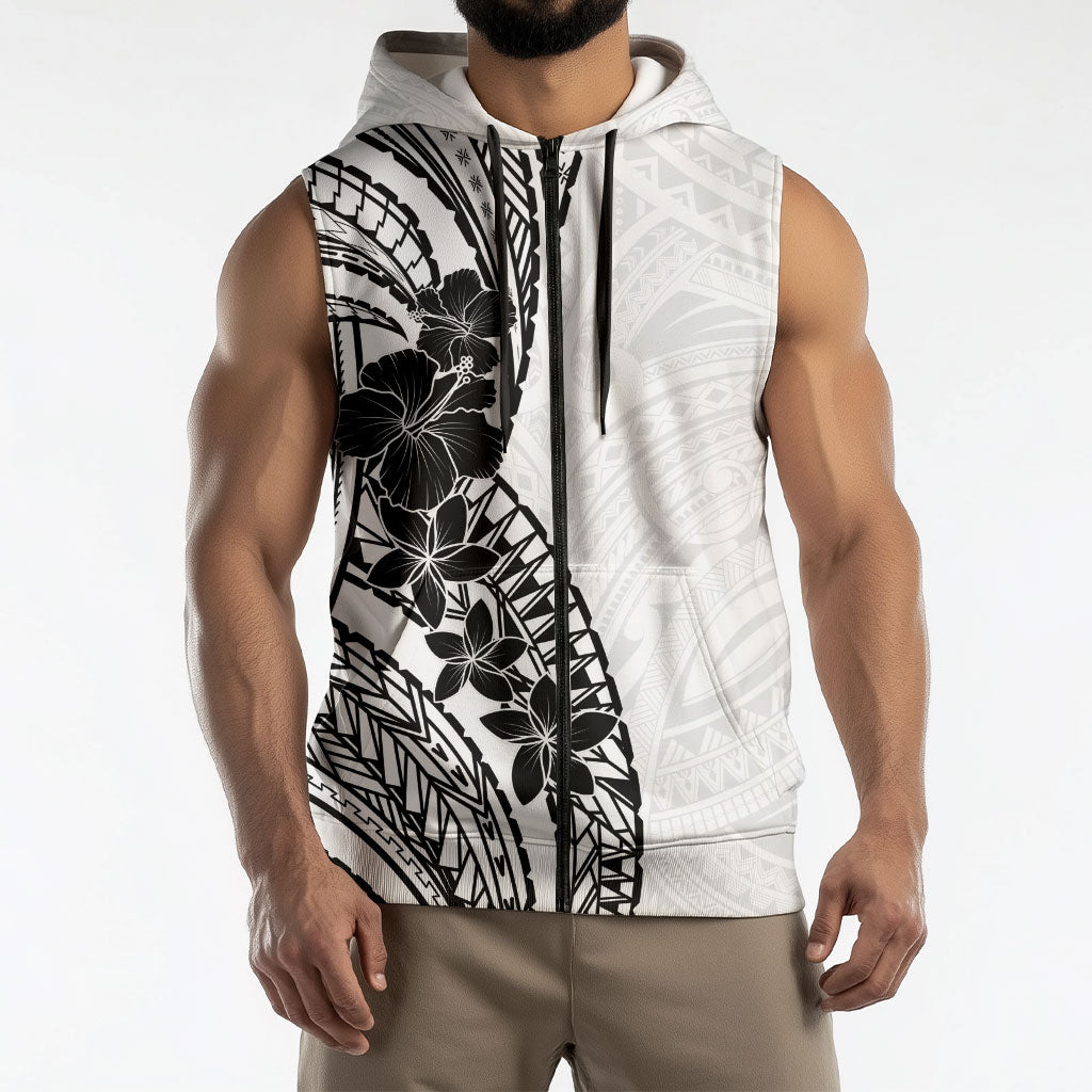 Black White Polynesia Tropical Flowers Sleeveless Zip Hoodie